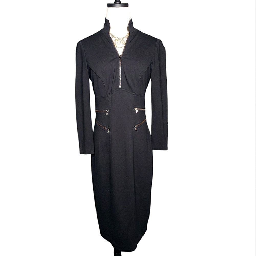 Vtg Y2K Cache Dress Mockneck Half Zip Zipper Pocket Fitted Rouched Cocktail